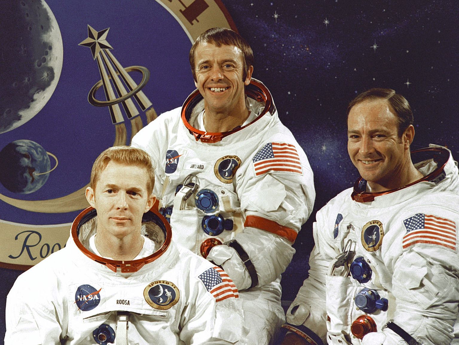 Apollo 14 meeskond. Stuart Roosa, Alan Shepard ja Edgar Mitchell