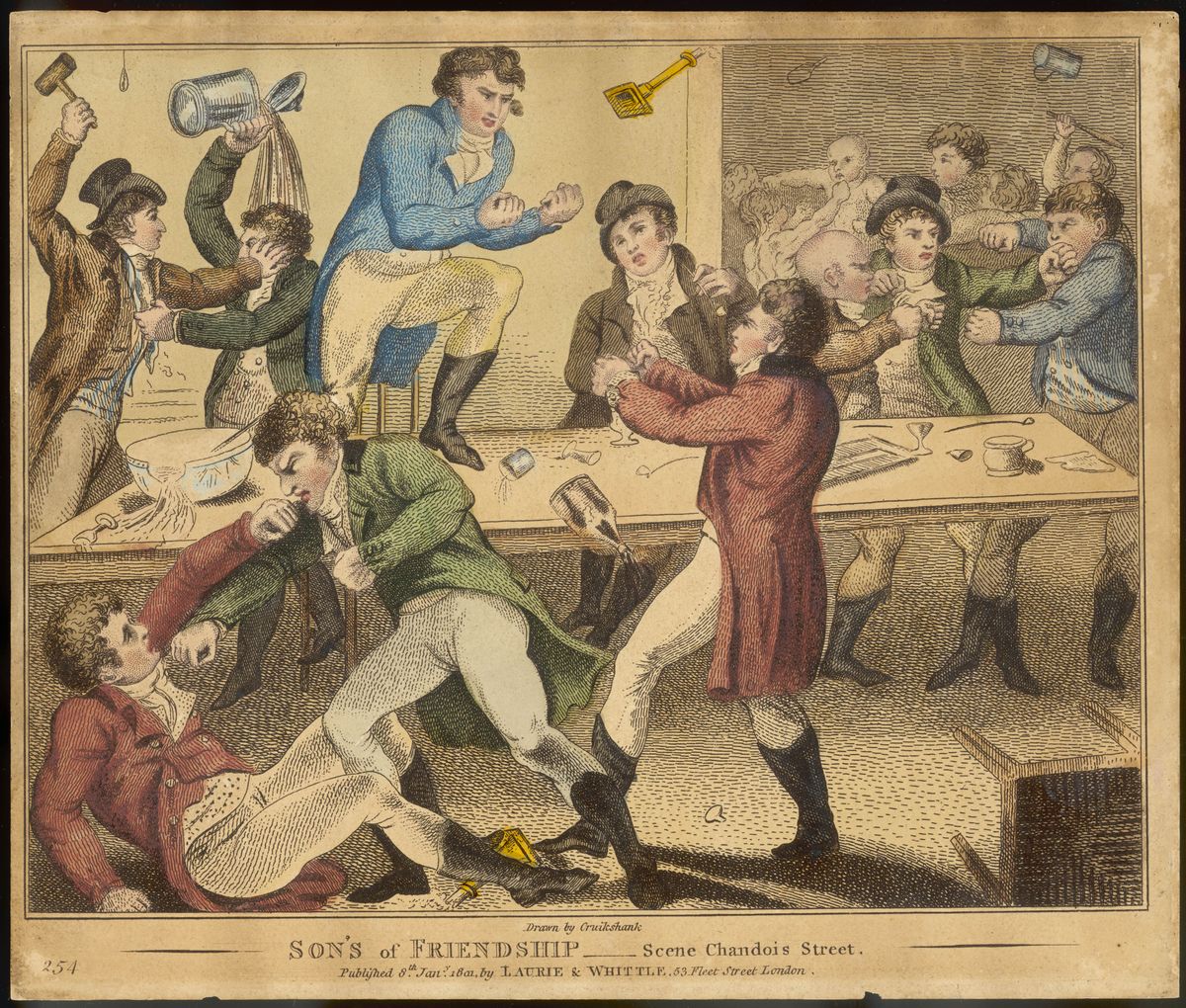 Дети дружбы. Гравюра из английского журнала 1801 года, изображающая пьяную драку как угрозу старому режиму. 