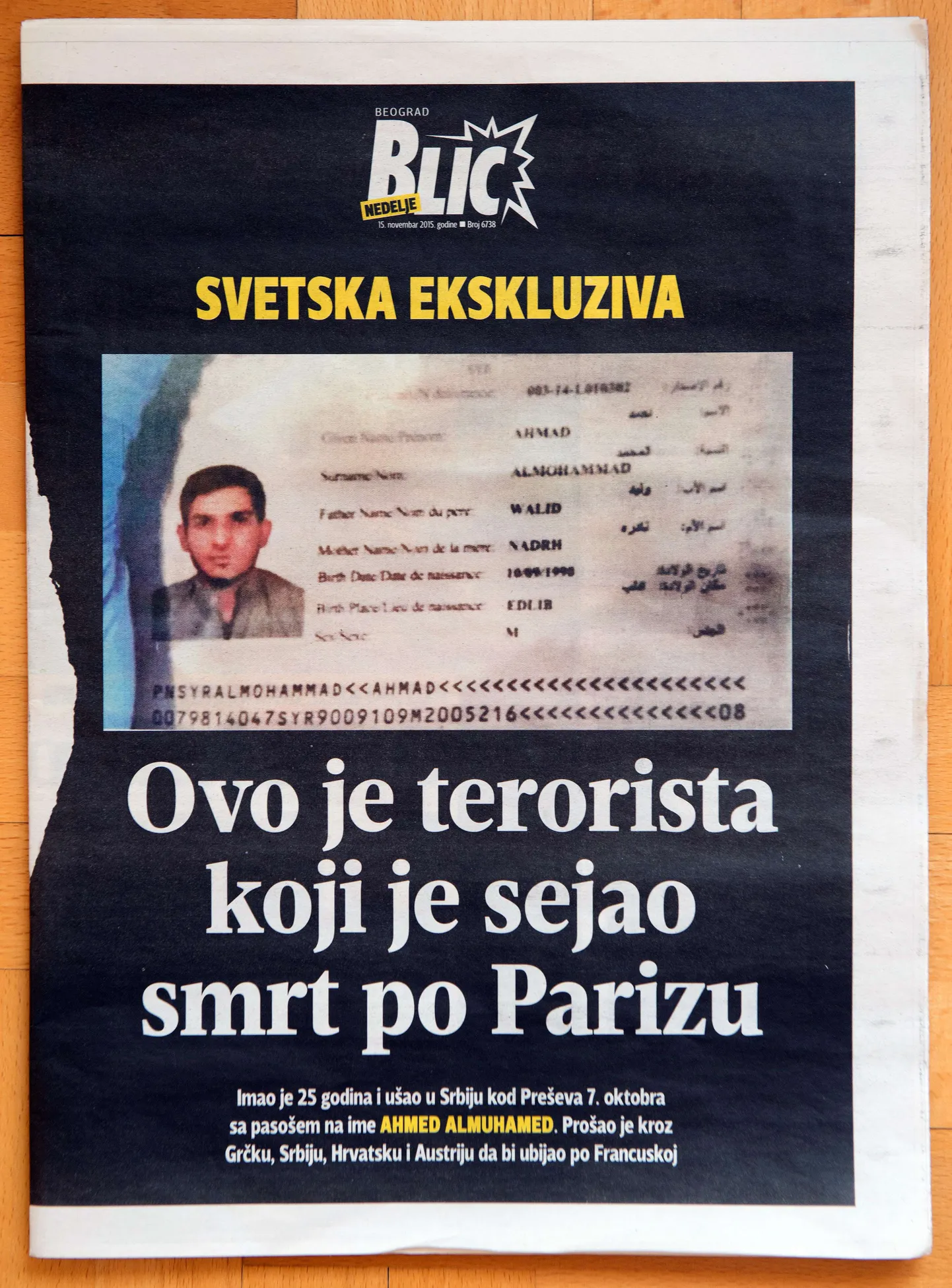 Serbia politseifoto Süüria passist, milles on nimi Ahmad Almohammad