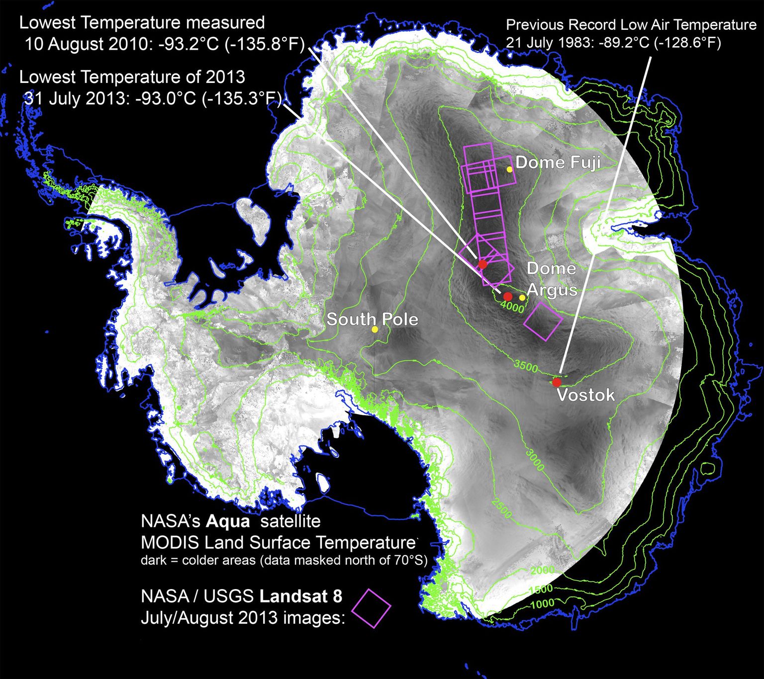 Graafik Antarktika punktidest, kus märgitud nii ametlik külmarekord kui NASA hiljuti avalikustatud uued külmarekordid.