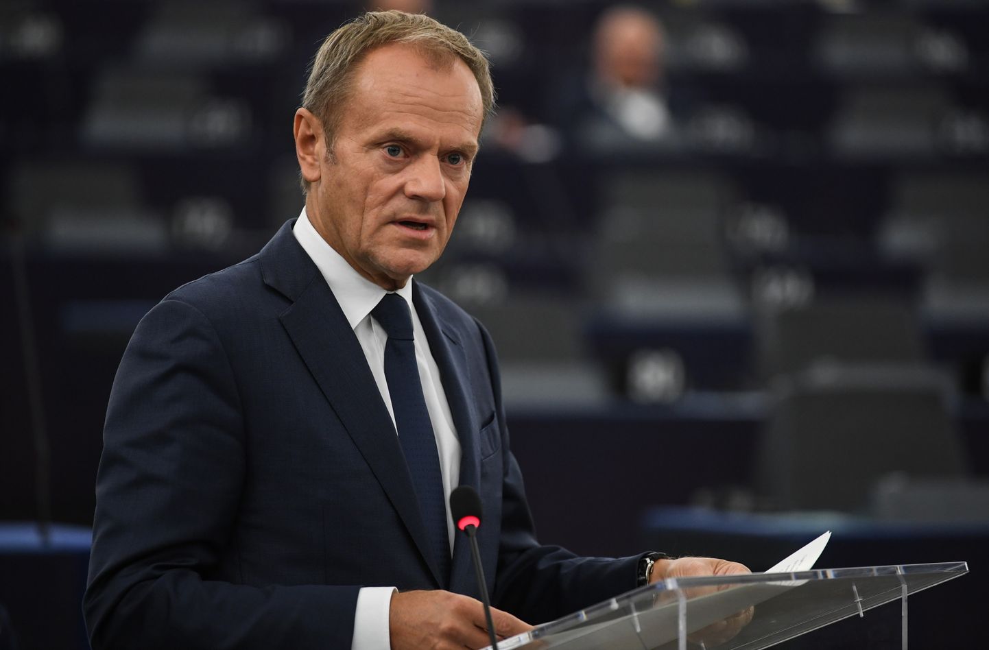 epa07939774 European Council President Donald Tusk speaks at a debate on the last EU summit and Brexit at the European Parliament in Strasbourg, France, 22 October 2019.  EPA/PATRICK SEEGER