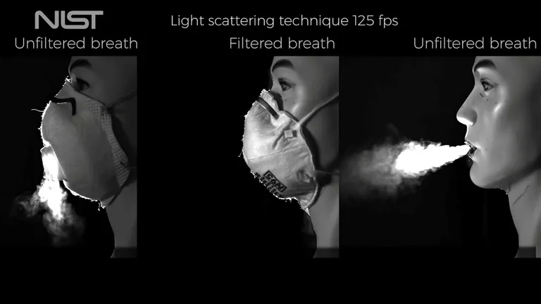 Näide õhuvoolu dünaamikast N95/ FFP2 kaitsemaski kandmisel väljahingamisklapiga (vasakul) ja klapita maski puhul (keskel).