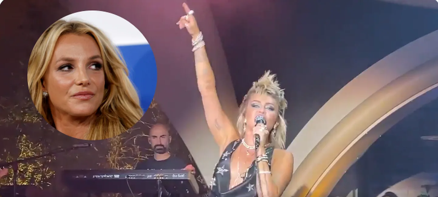 Miley Cyrus ja Britney Spears. Kuvatõmmis videost, Elu24 kollaaž.