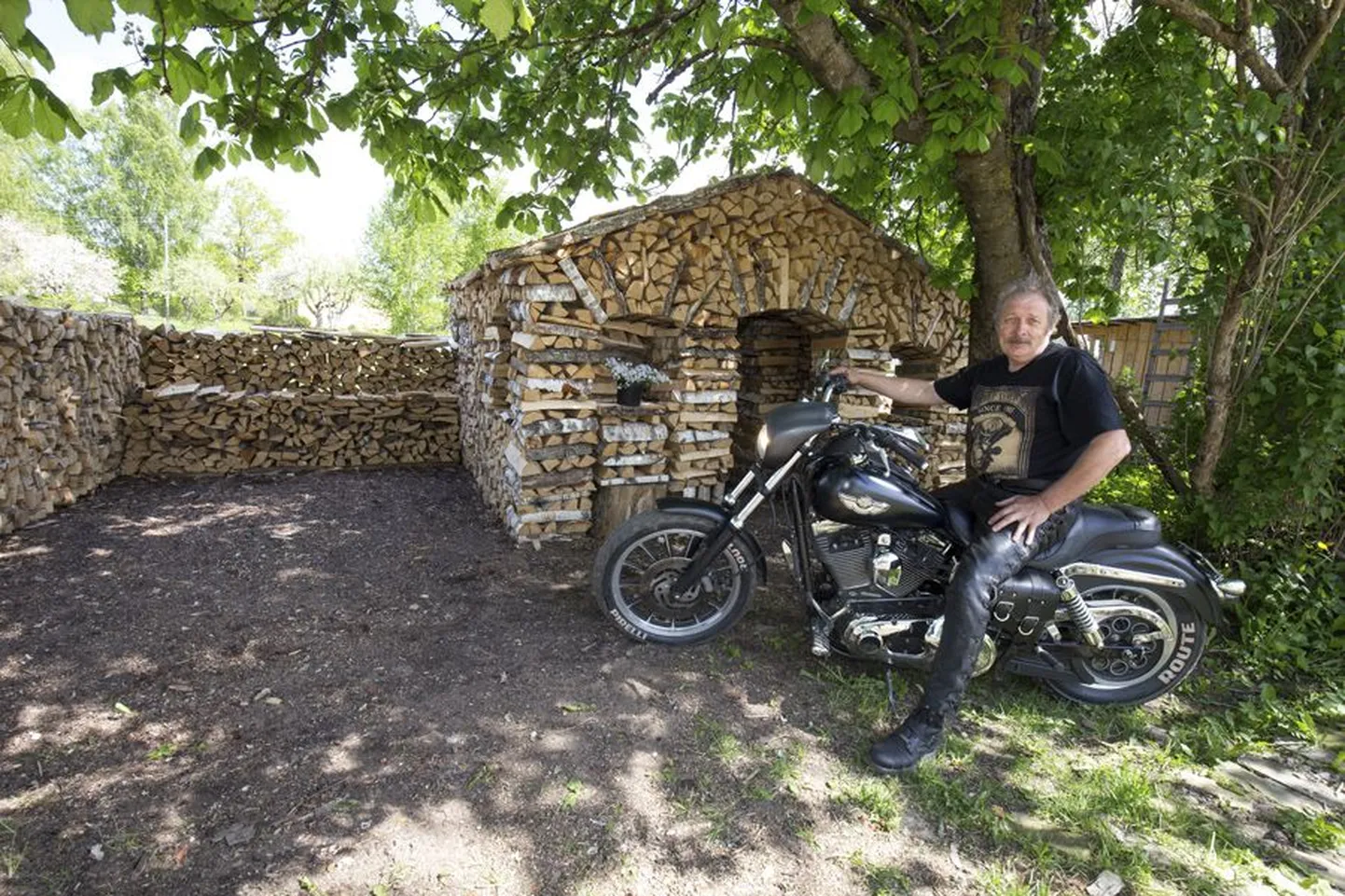 Agu Helimets on suur mootorrataste austaja. Nii tutvustas ta ka oma talvel kogutud küttepuudest ehitatud halumaja Harley-Davidsoni seljas istudes.