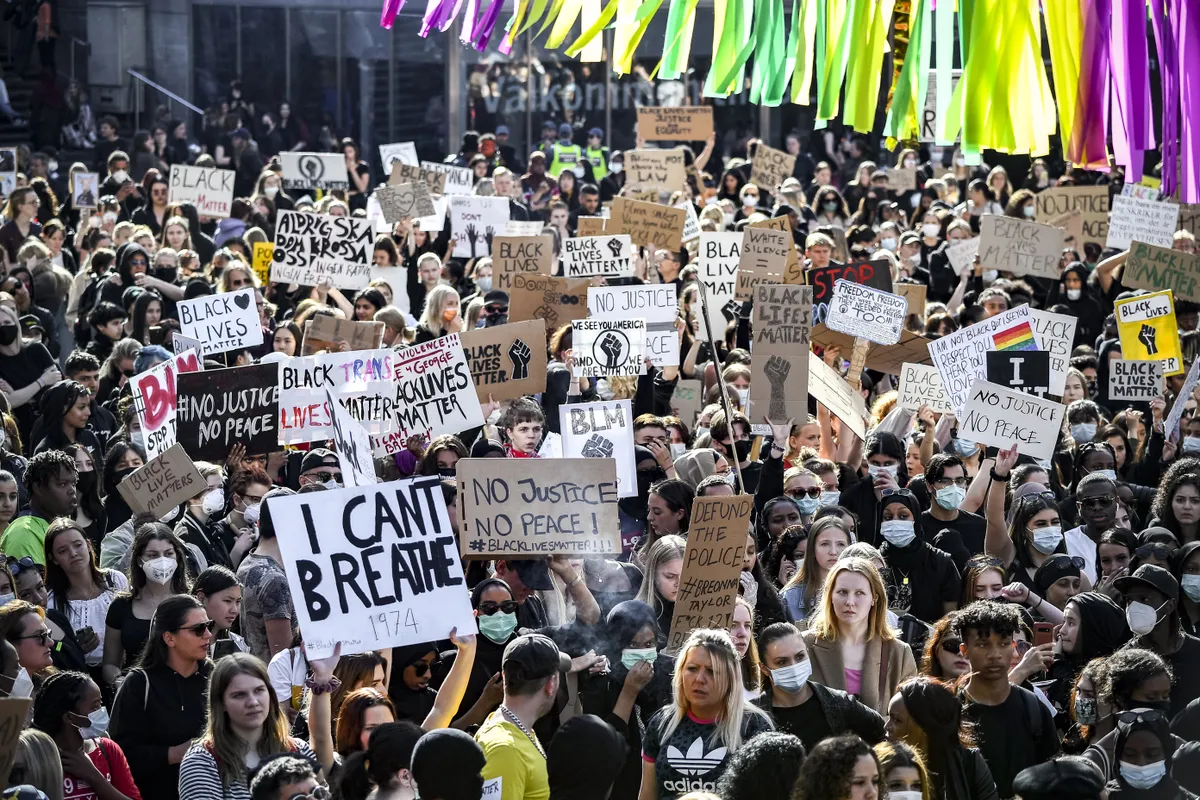 Protestors gathered in Stockholm, Sweden, June 03, 2020, in support of the Black Lives Matter movement. The crowds were ordered to disperse as they were violating the coronavirus restrictions. The protests then spilled into several other areas of Stockholm.