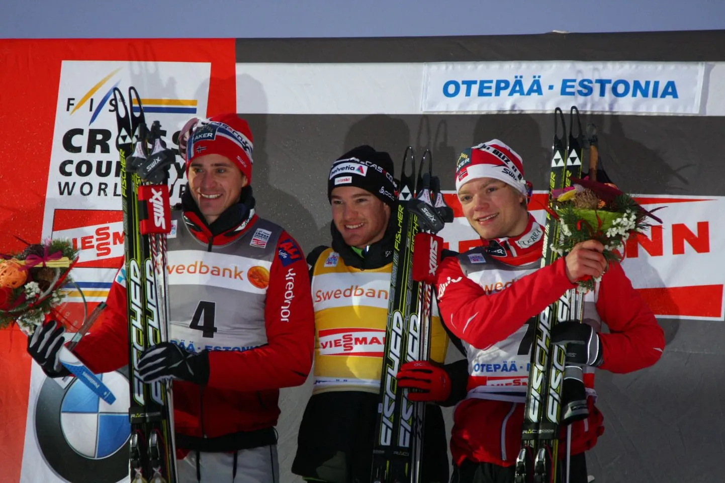 Meeste klassikasprindi esikolmik: Ola Vigen Hattestad(II koht), Dario Cologna (I koht) ja Eirik Brandsdal (III koht).