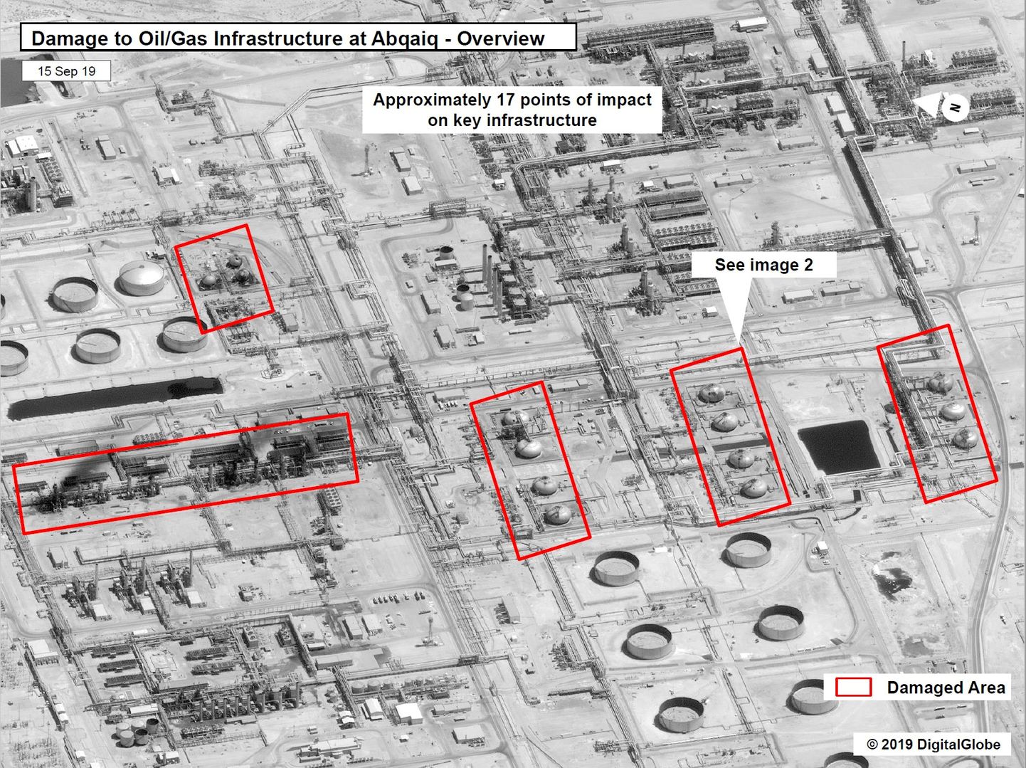 USA jagatud pilt kahjust Saudi Araabia Abqaiqi naftatehases, mida tabas laupäeval droonirünnak.