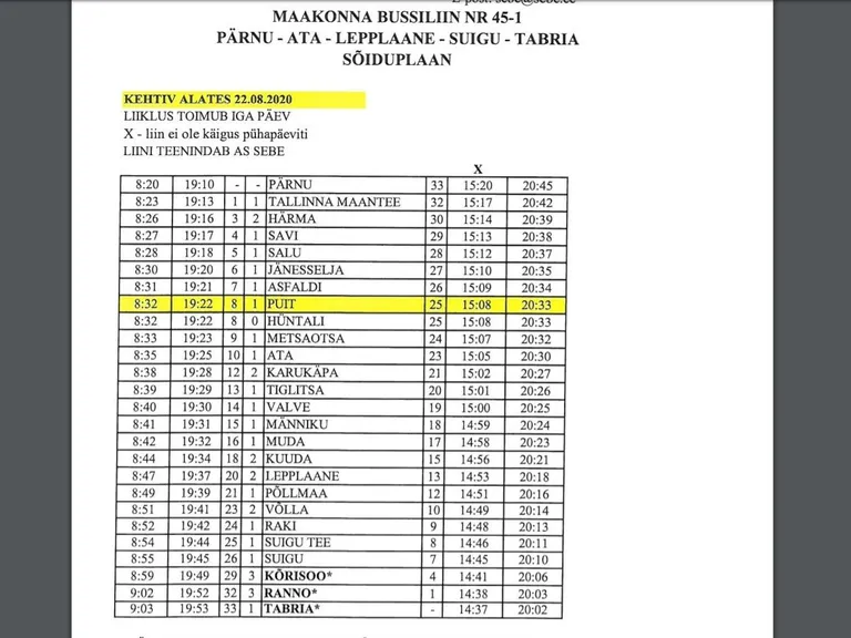 Liin nr 45-1 Pärnu–Ata–Lepplaane–Suigu–Tabria.