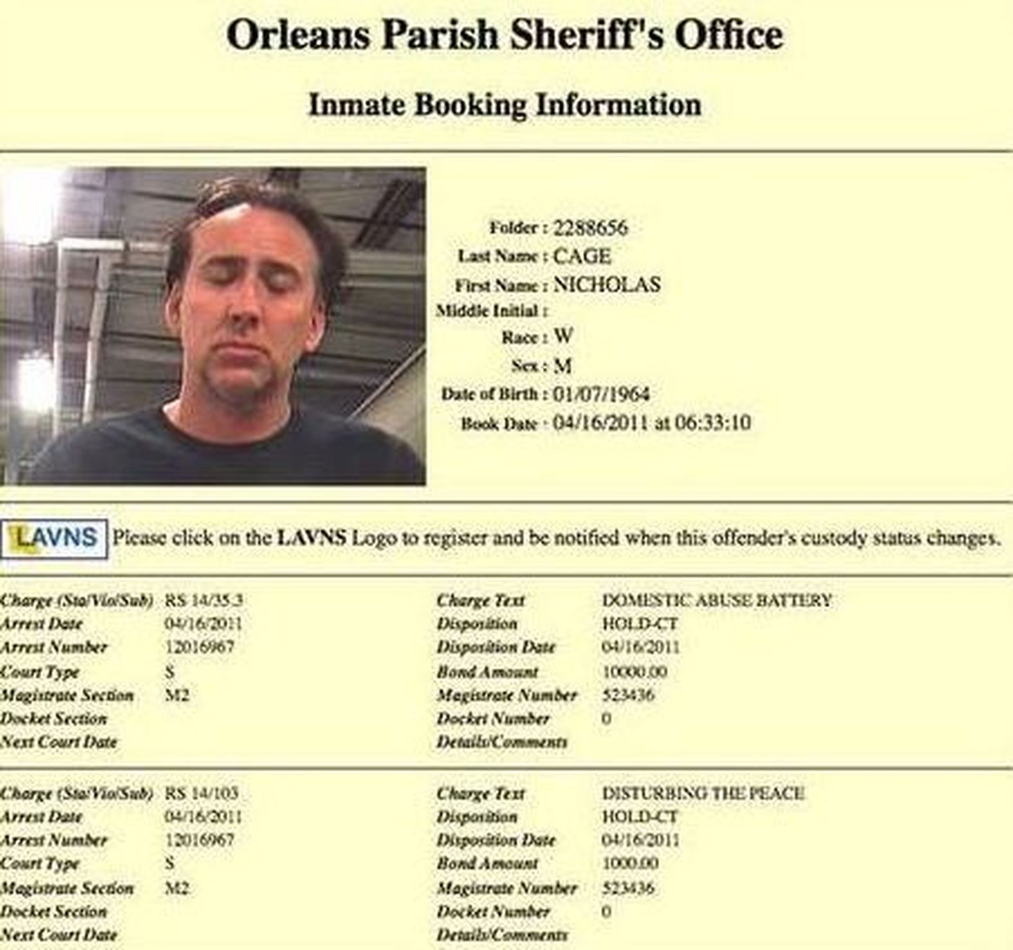 Nicolas Cage kohta täidetud dokument New Orleansi politseis