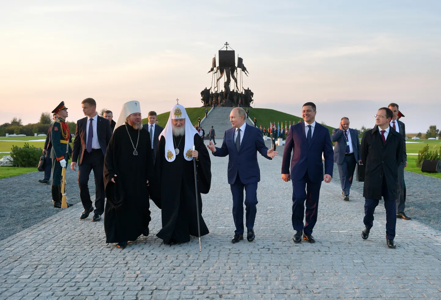 Russian President Vladimir Putin, center, Metropolitan of Pskov and Porkhov Tikhon Shevkunov, left, Russian Orthodox Church Patriarch Kirill, second left, Pskov Region Governor Mikhail Vedernikov, second right, and presidential aide Vladimir Medinsky, right, walk during an opening ceremony of the Prince Alexander Nevsky and His Guard memorial on the shore of the Lake Peipsi (Chudskoye), at the supposed location of the Battle of the Ice in 1242, to mark Alexander Nevsky's 800th birthday in Samolva, Pskov region, Russia, Saturday, Sept. 11, 2021. Alexander Nevsky was prince of Novgorod and then grand prince of Vladimir. (Alexei Druzhinin/Pool Photo via AP)