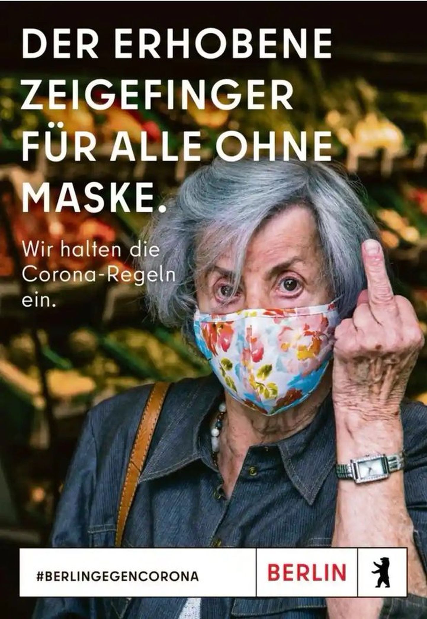 Berliin nõuab inimestelt maski kandmist püstise keskmise sõrmega ähvardades.