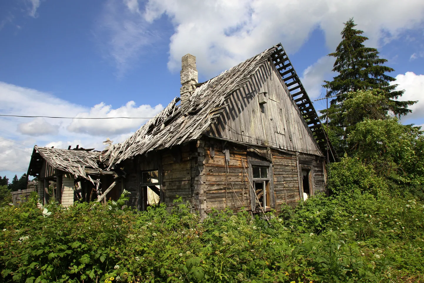 Telgid on üles pandud vana lagunenud maja juurde.
