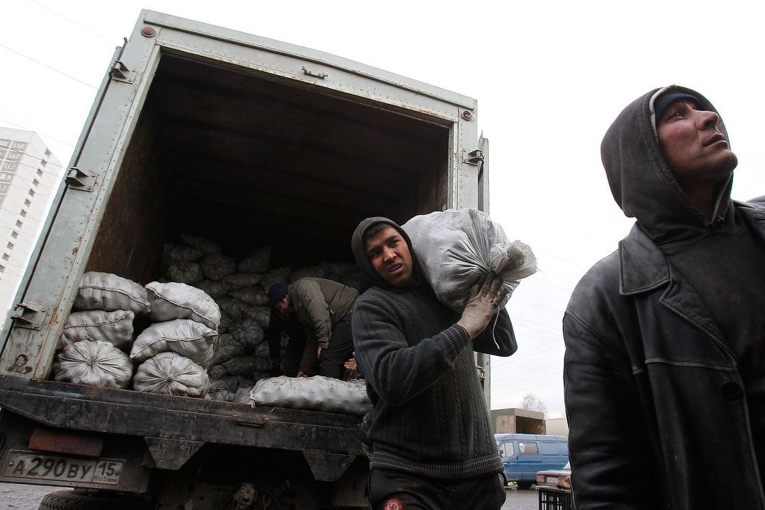 Võõrtöölised Moskva turul kartulikotte laadimas. Kuigi venelased neid tihti ei salli, tulevad Kesk-Aasia migrandid sellegipoolest – tadžikkidel, kirgiisidel ja usbekkidel on vaja tööd, Venemaal tööjõudu.