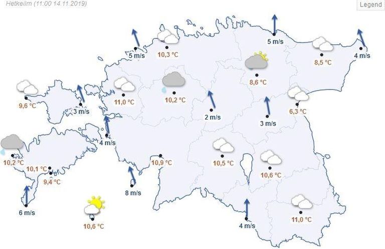 Kuvatõmmis riigi ilmateenistuse kodulehelt, õhutemperatuur Eestis kell 11.
