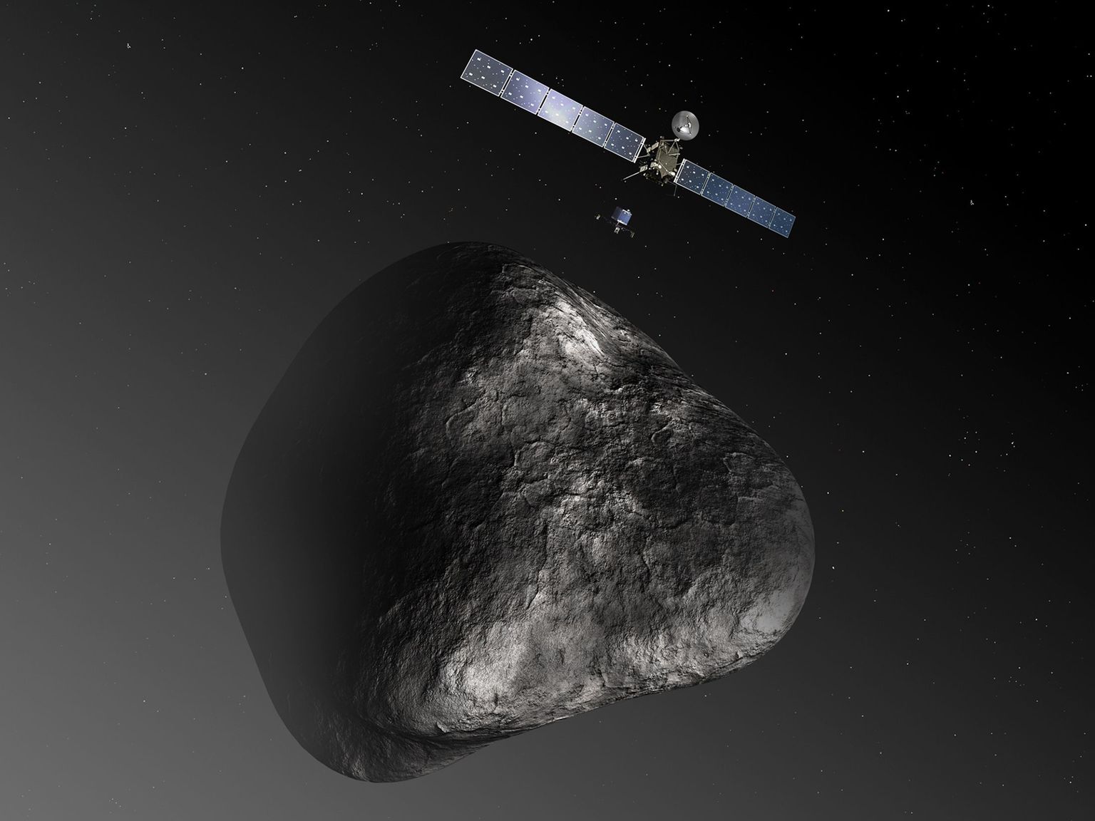Arvutijoonistus Rosetta sondist ja komeedist 67P