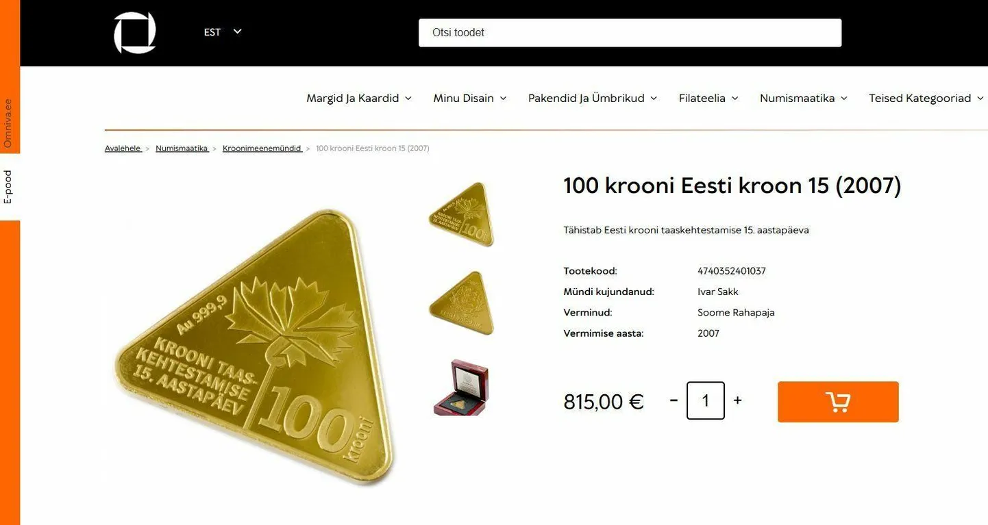 Seda Eesti Panga kuldmünti, mis nüüd maksab 815 eurot, sai esmaspäeval osta Eesti Pangast Omniva vahendusel 680 euroga.