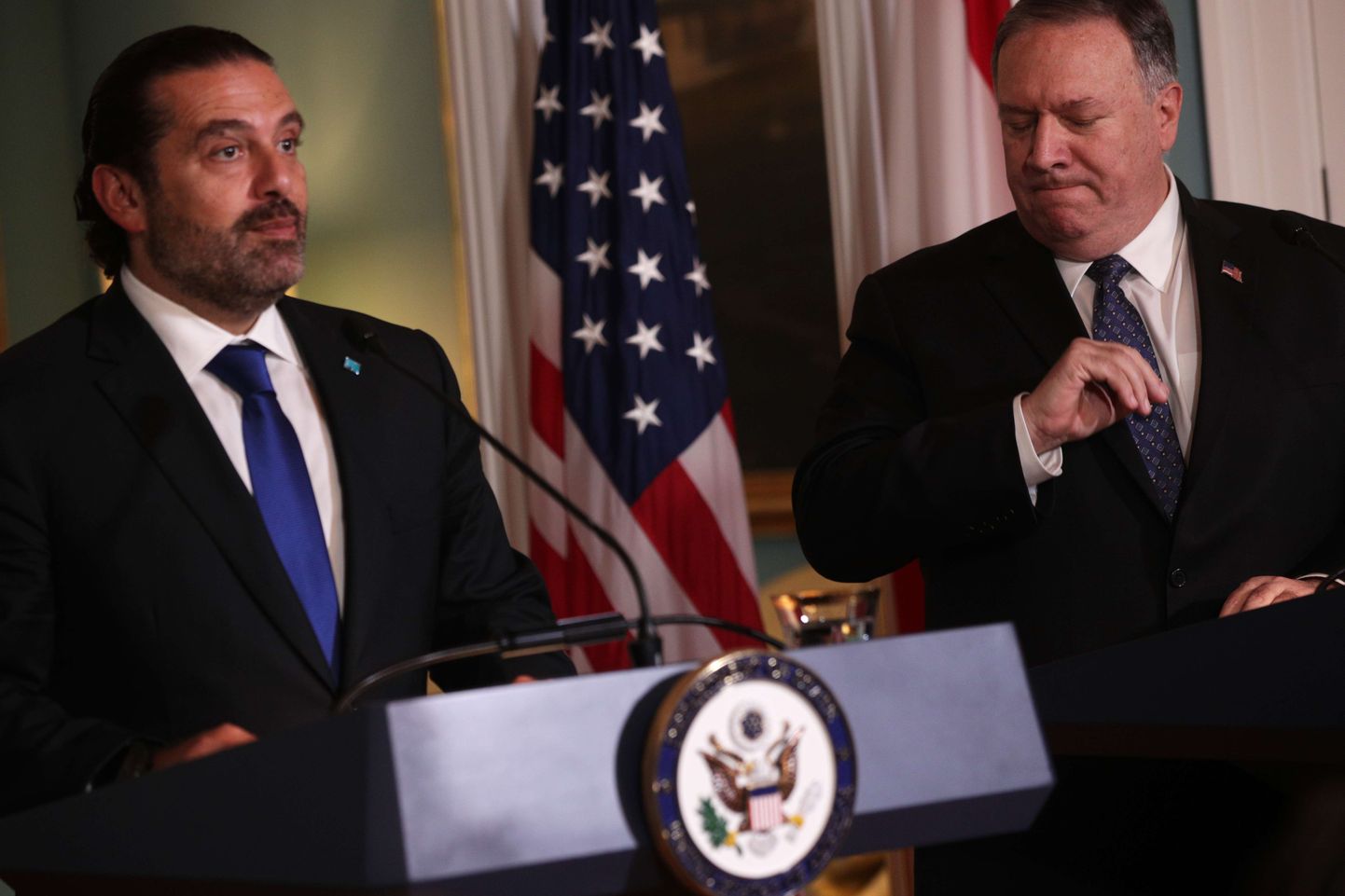 Liibanoni peaminister Saad Hariri (vasakul) 15. augustil Washingtonis ühisel pressikonverentsil USA välisministri Mike Pompeoga.