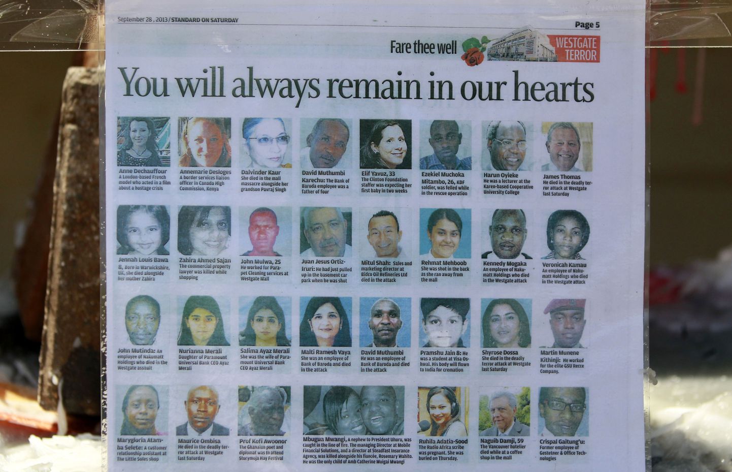 Ajaleheväljalõige, millel mälestatakse Westgate'i kaubanduskeskusele korraldatud rünnakus hukkunuid.