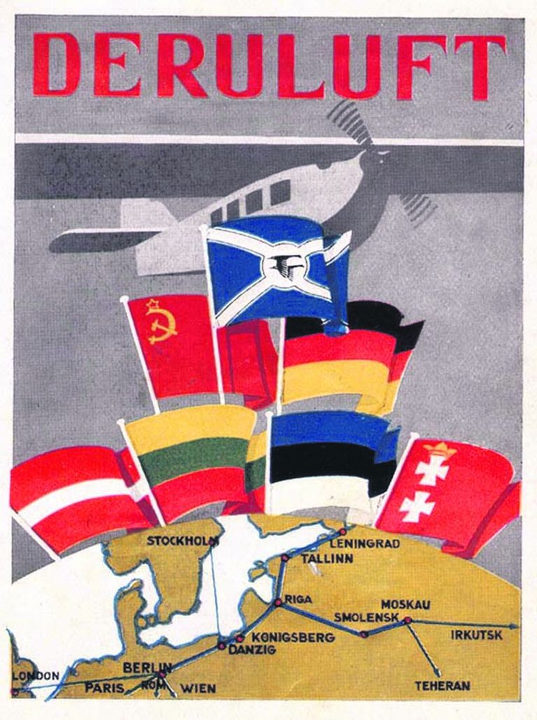 Рекламный проспект предприятия Deruluft. Нижний в правом ряду – флаг Данцига, 1928 год.