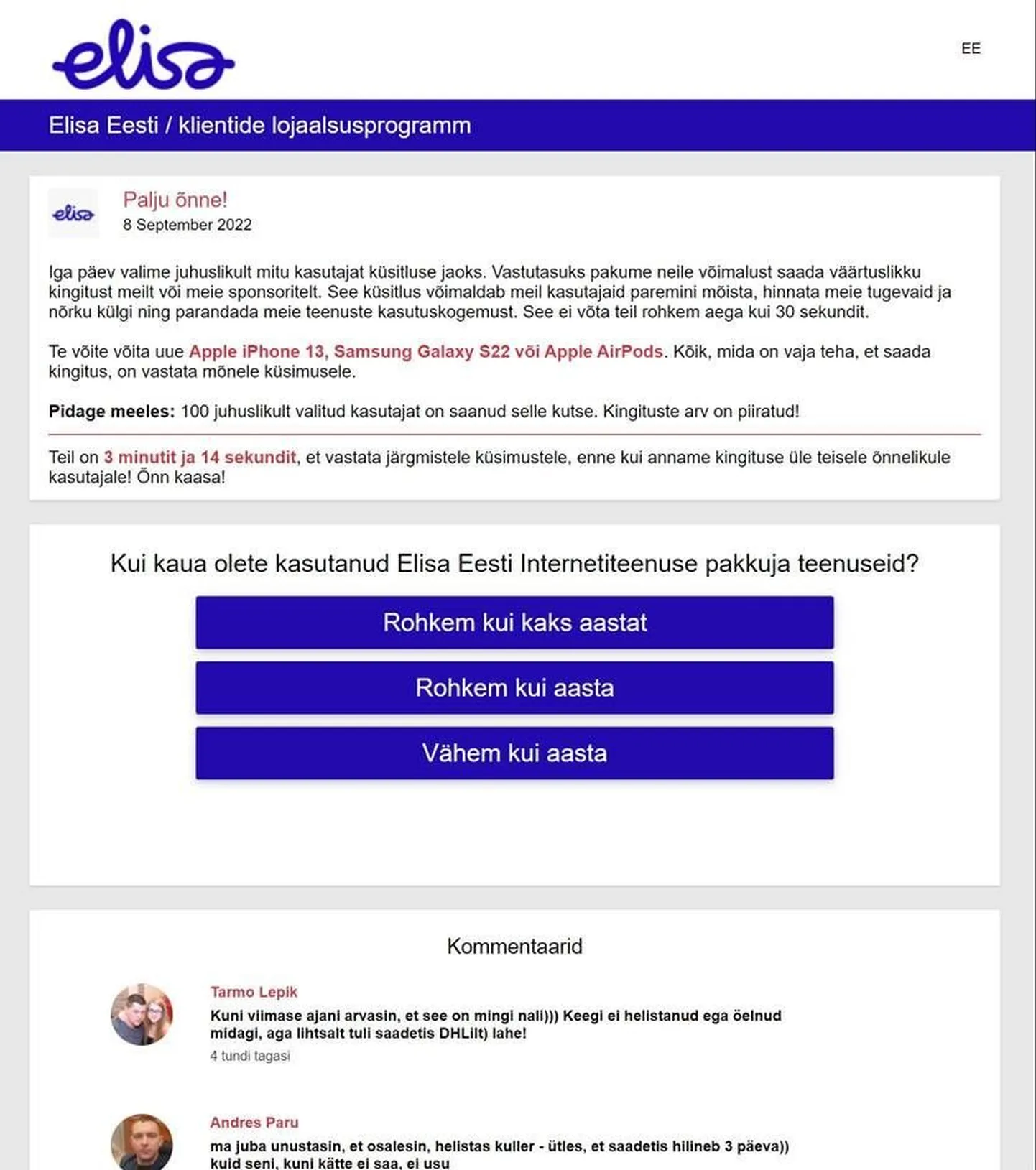 Ekraanipilt e-kirjast, mis kutsub üles kahtlastele linkidele vajutama. Nagu näha, on see kujundatud Elisa korporatiivses stiilis.