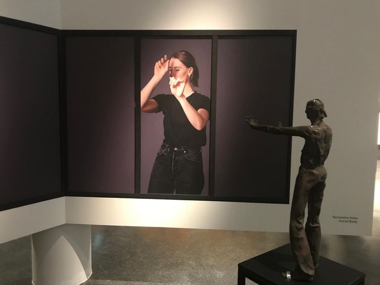 Laura Kuuse segameedia installatsioon «Sotsiaalne keha» ning selle ees Tamara Ditmani skulptuur «Mäng».