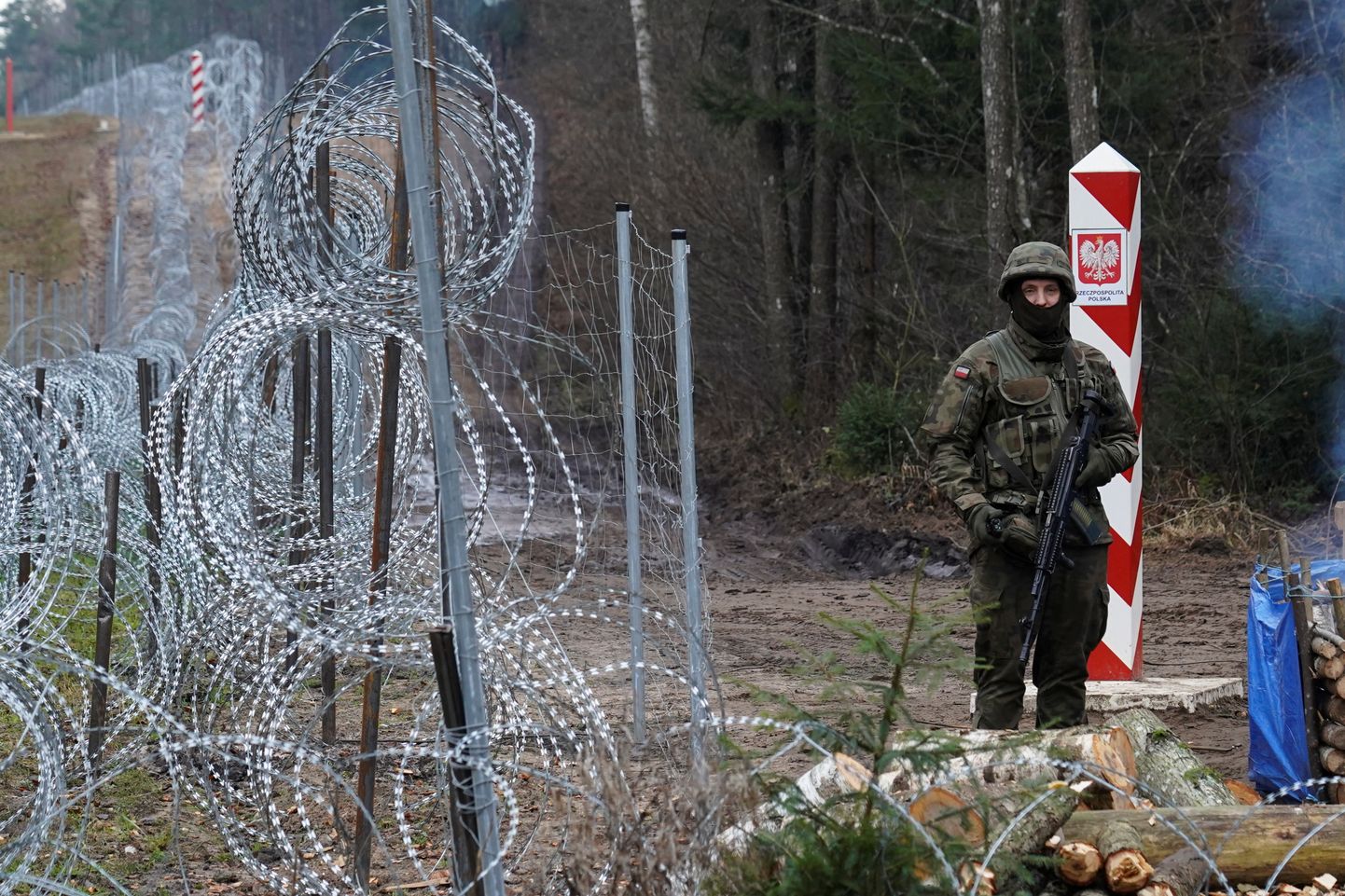 Польский пограничник стоит на страже у границы с Беларусью недалеко от Капчеместиса, Литвы, 26 ноября 2021 года.