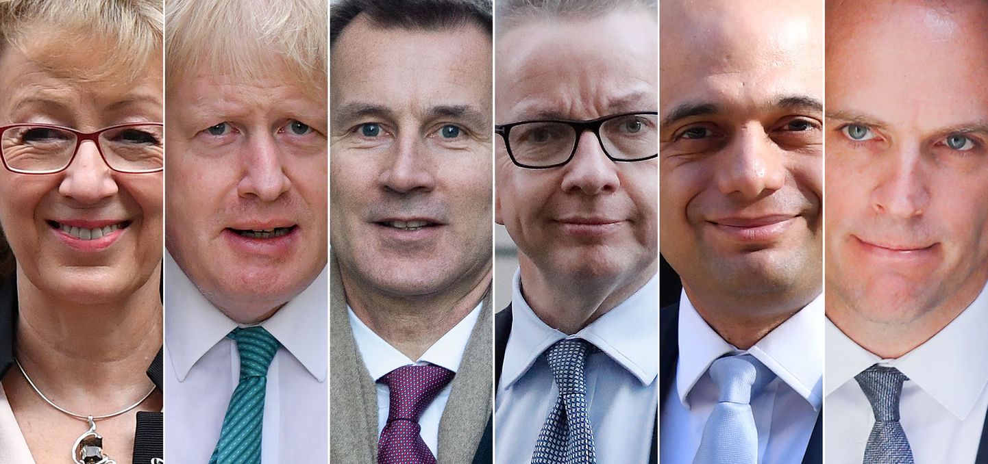 Vasakult: Andrea Leadsom, Boris Johnson, Jeremy Hunt, Michael Gove, Sajid Javid ja Dominic Raab.