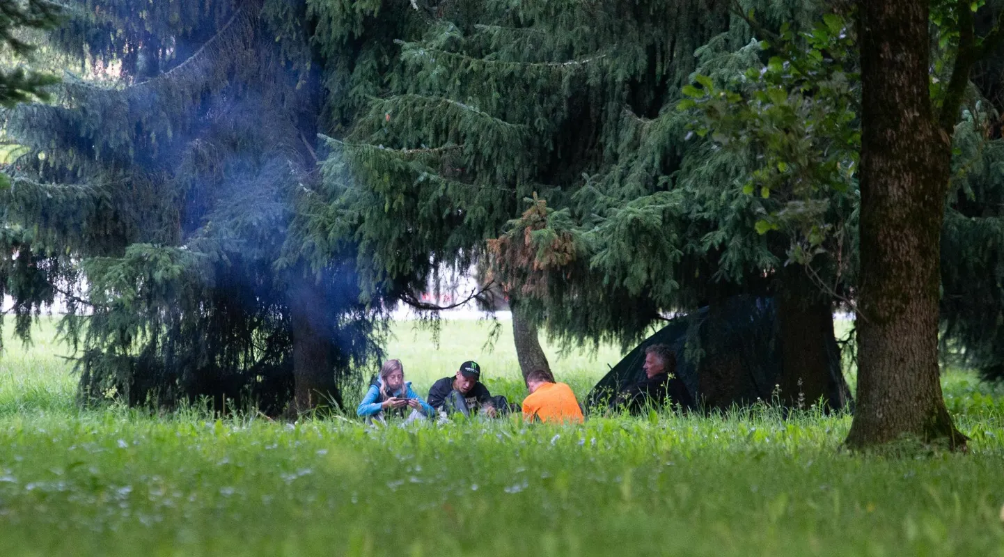 Teisipäevaõhtune sumisemine Puukooli pargis, kuhu seltskond on juba mõni aeg tagasi üles seadnud ka telgi öö veetmiseks. Et selle seltskonnaga käivad kaasas alkohol ja läbustamine, ei pea naabruses asuvate kortermajade elanikud telkijad teretulnuks.