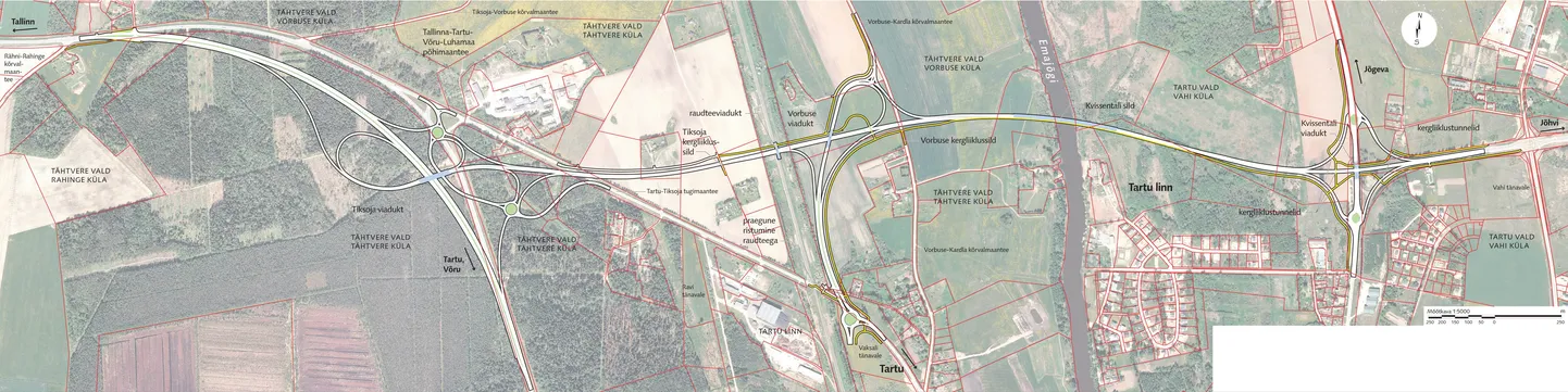 Tartu põhjapoolse ümbersõidu eelprojekti koostas Teede Tehnokeskus, töö tellis Lõuna regionaalne maanteeamet. Eelprojekti alusel töötles skeemi Artur Kuus. Punased jooned märgivad kinnistute piire.