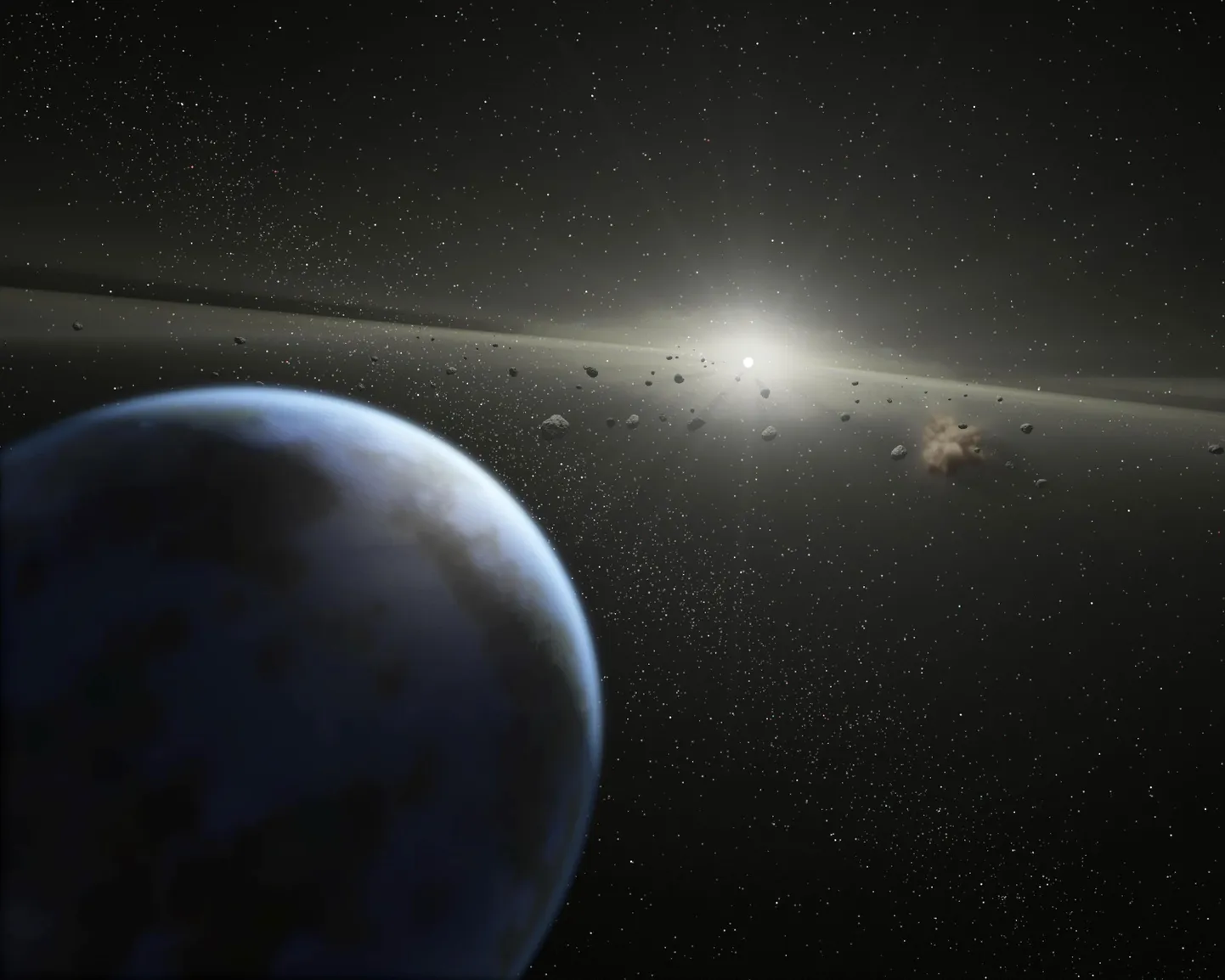 NASA kunstniku arvutijoonistus Maast ja asteroididest