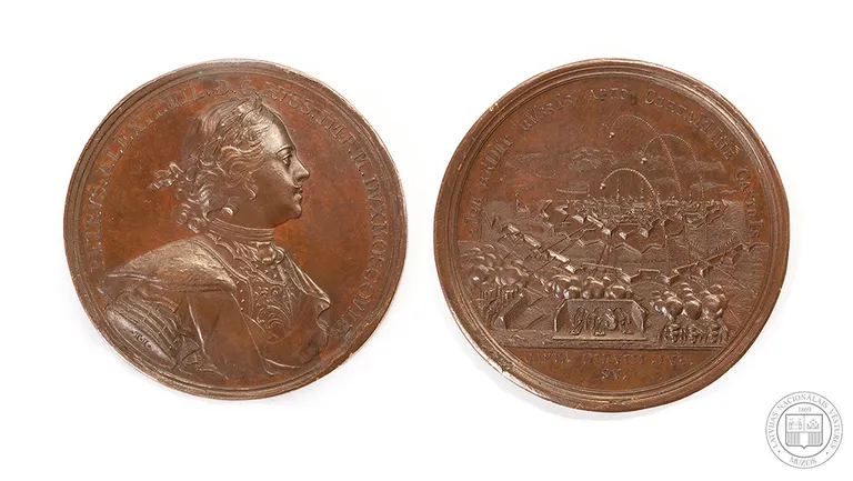 3. Piemiņas medaļa Rīgas ieņemšanai 1710. gadā. Mākslinieks Timofejs Ivanovs. Krievija, 18. gs. 2. puse. Bronza, Ø 47 mm.