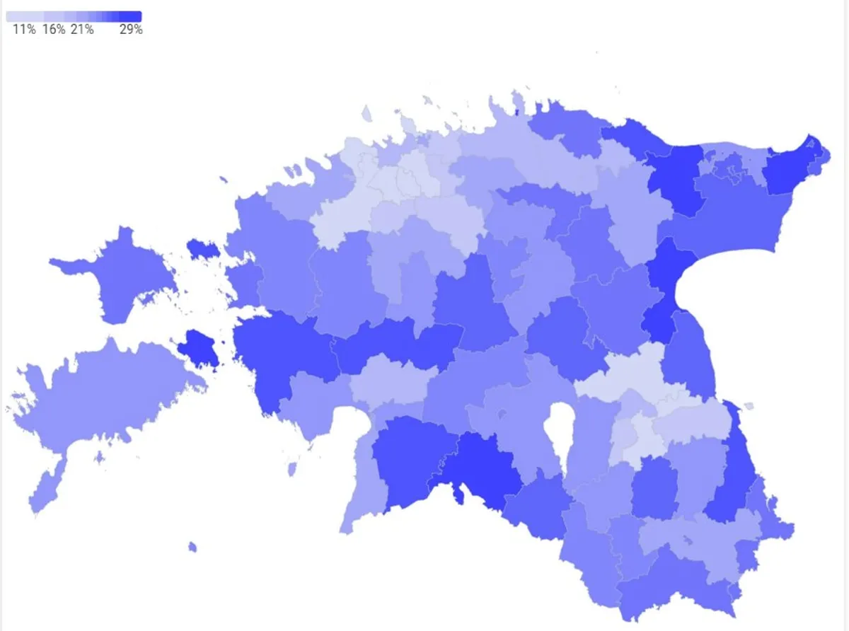 Pensionäride osakaal kohaliku omavalitsuse elanikest.