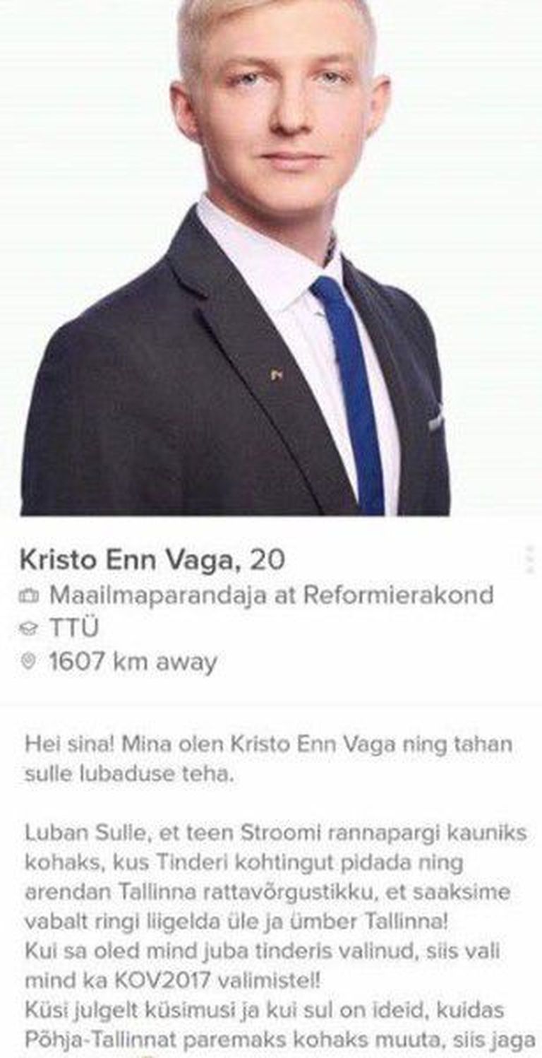 Kristo Enn Vaga püüab hääli Tinderis / facebook