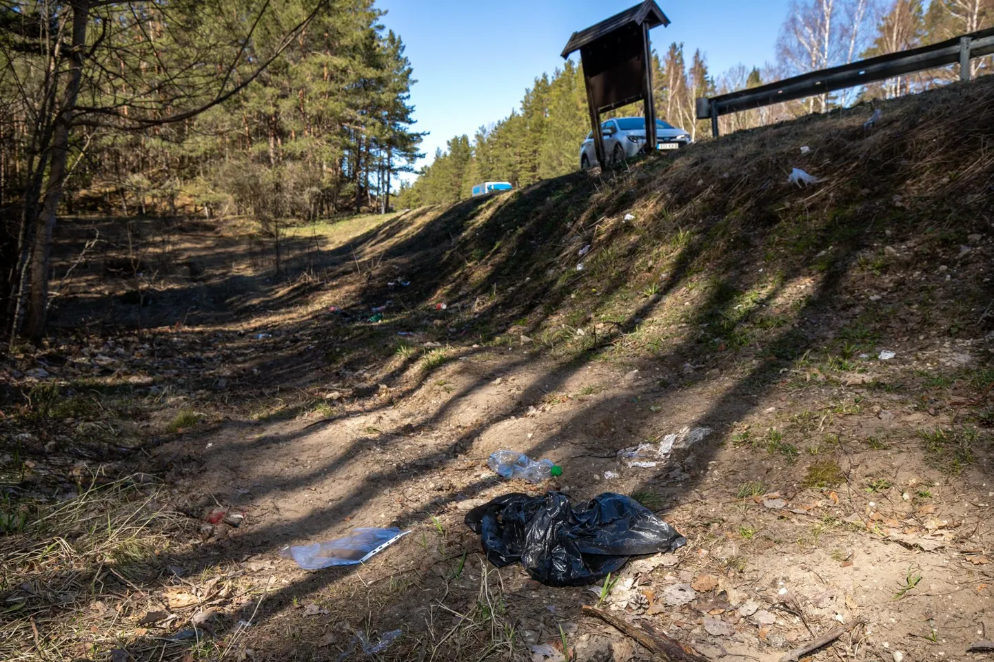 Via Baltica ääres asuva Rannametsa parkla juures on metsa all ohtralt prügi.