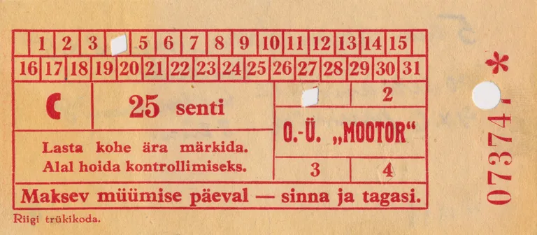 Автобусный билет фирмы "Моотор" 1930-х годов.