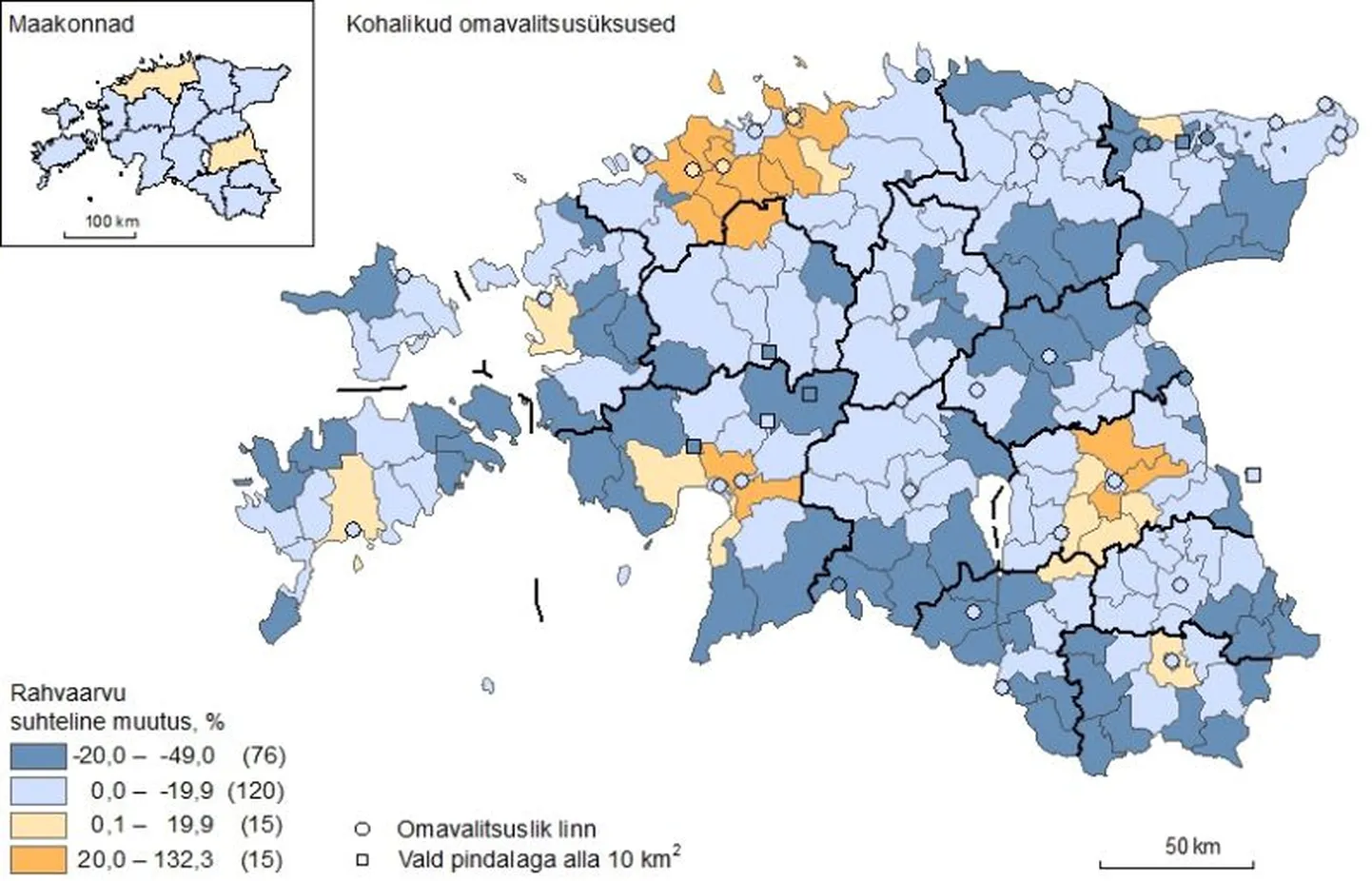 Elanikkonna suhteline muutus aastatel 2000-2011 omavalitsusüksustes rahvaloenduse andmetel.