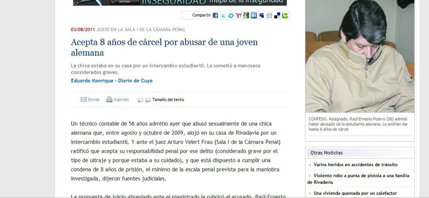 Argentiina ajalehes Diario de Cuyo augusti alguses ilmunud lugu Saksa tüdrukuga juhtunust.Pildil on praegu vahi all viibiv Raul.