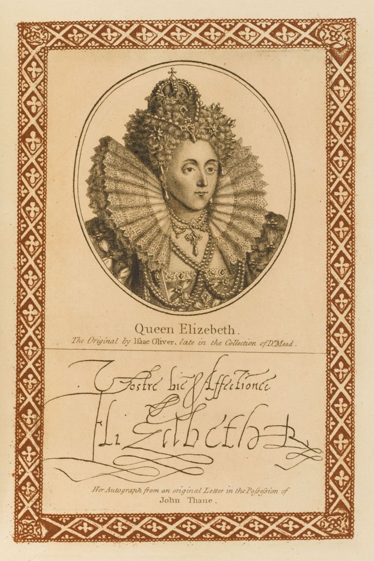 Inglise kuninganna Elizabeth I (1533 - 1603) ja ta allkiri. Nime lõpus on näha R-tähte
