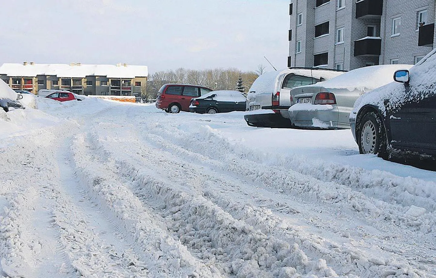 Riia maantee 55 asuva üheksakorruselise maja esine oli paksu lumepudru võimuses nii selle nädala teisipäeval kui kolmapäeval. Rööpast väljasõitmine
tähendas enamikule autodele ka lumme kinnijäämist. Veel hullem katsumus oli sama maja eest Riia maanteele pöörata, sest tee oli jääs ja lumine.
