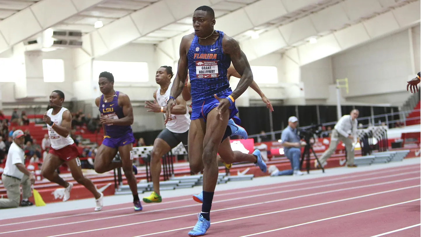 Grant Holloway tänavusel NCAA meistrivõistlustel 60m jooksu võitmas.