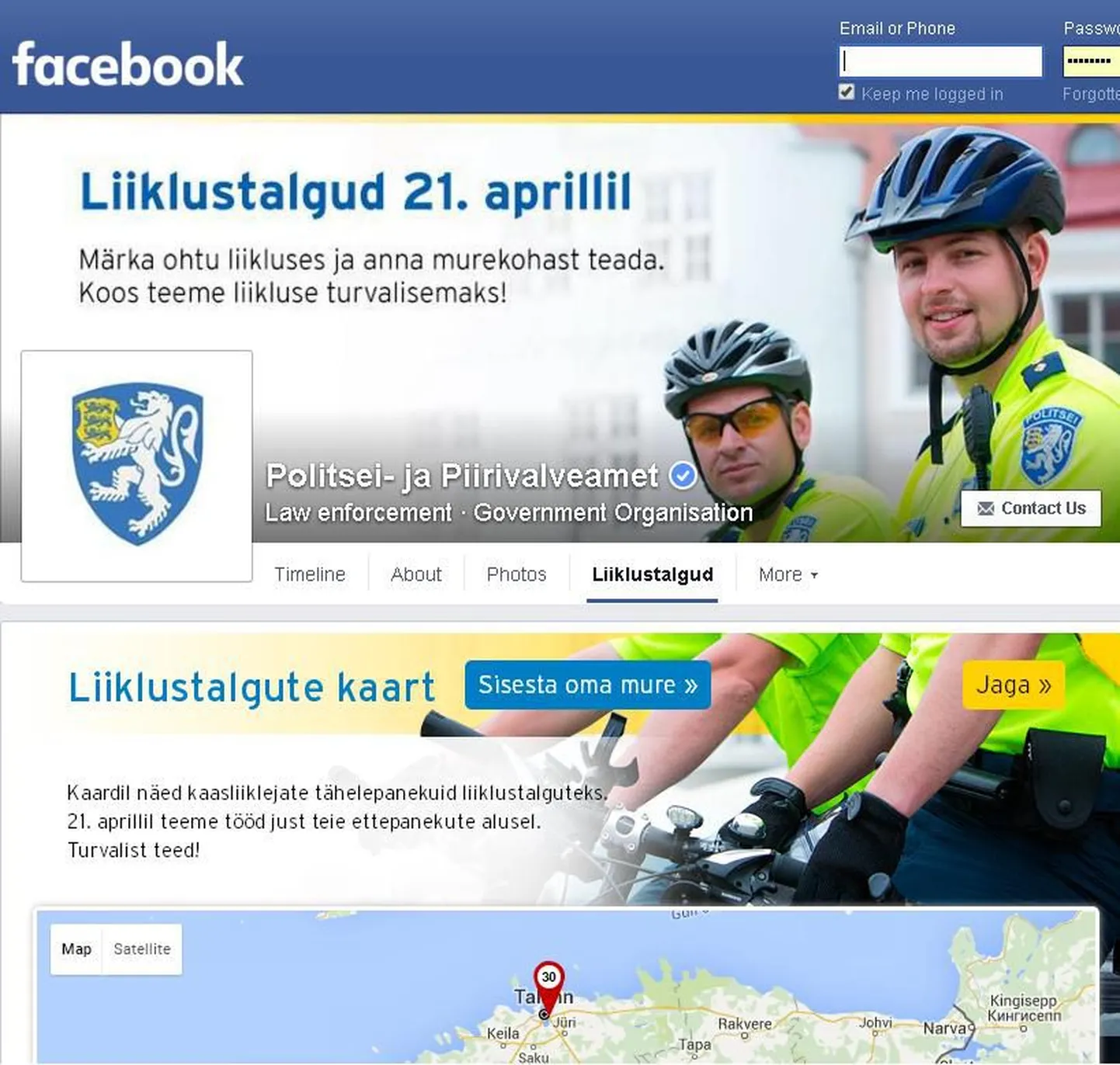 PPA liiklustalgute kaardirakendus Facebookis.