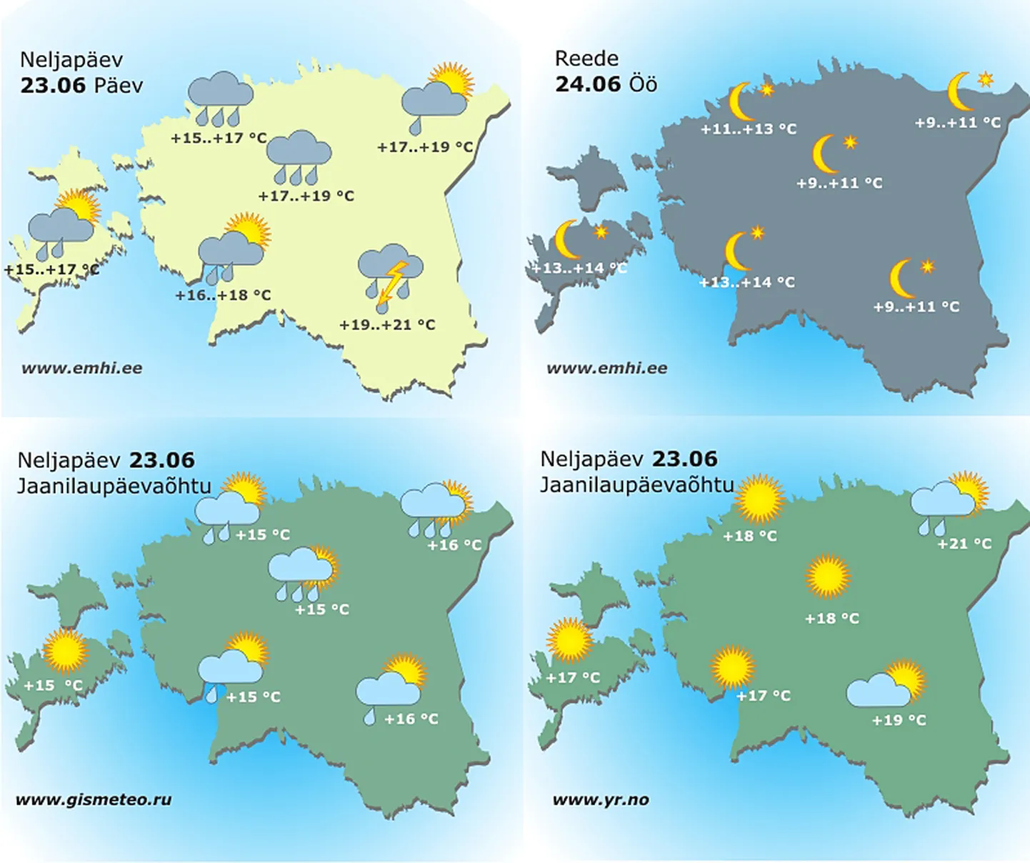 Kolme ilmajaama prognoositud ilm jaanilaupäevaks.