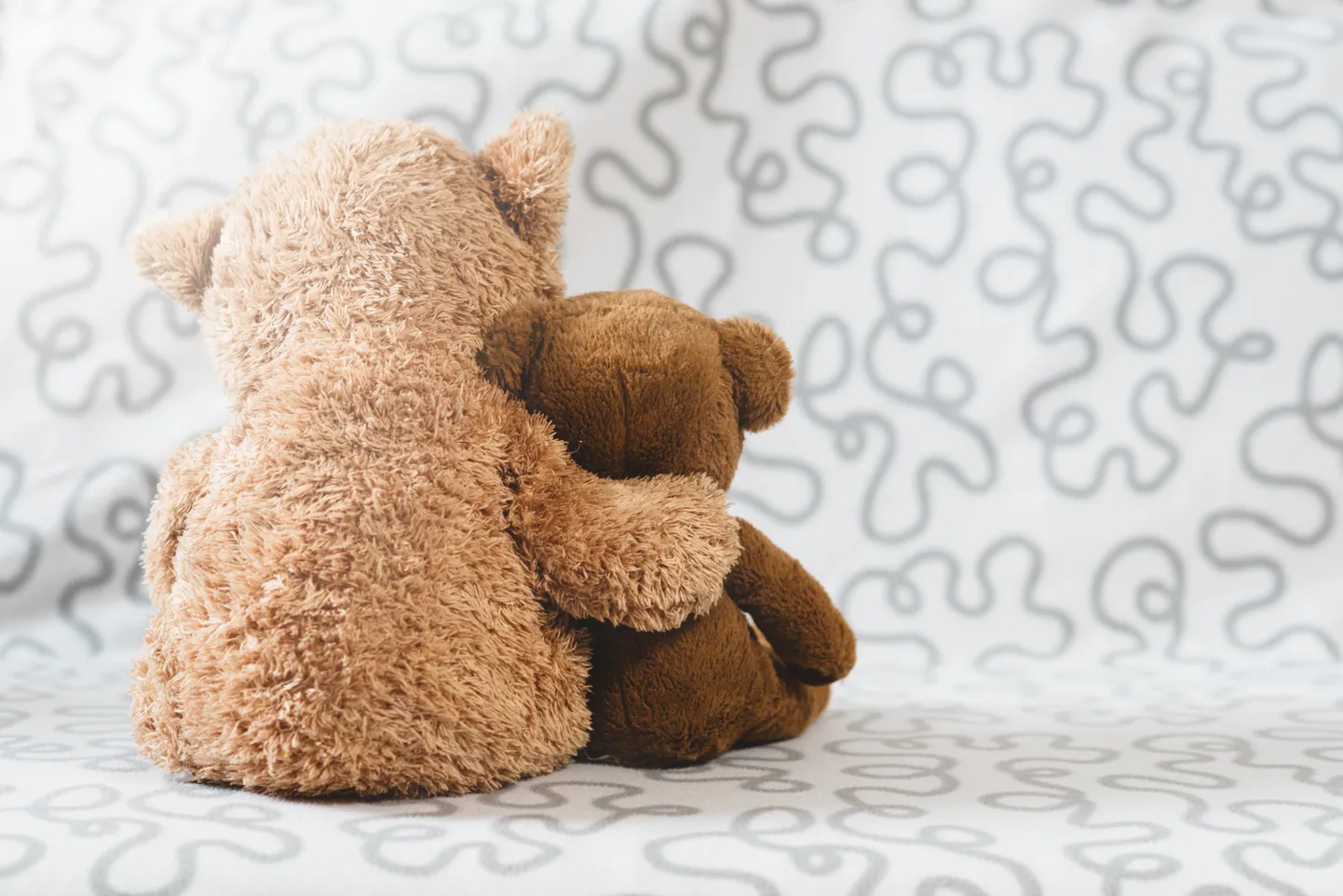 Two teddy bear plush toy on a sofa. Concept of love and togetherness