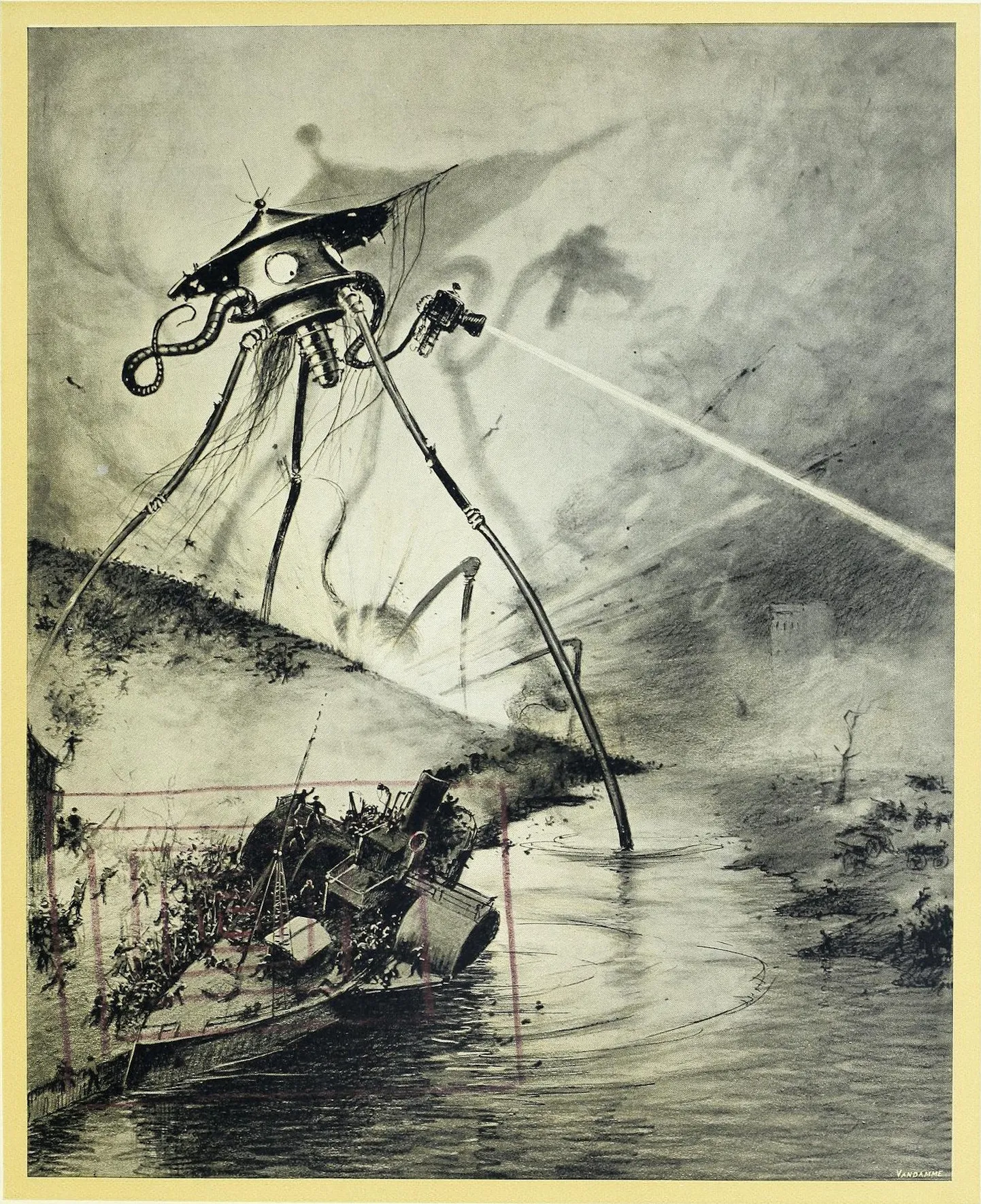 Brazīliešu mākslinieka Enriki Alvina Korrējas ilustrācija (1906) Herberta Velsa slavenajā grāmatā “Pasauļu karš” (1897).