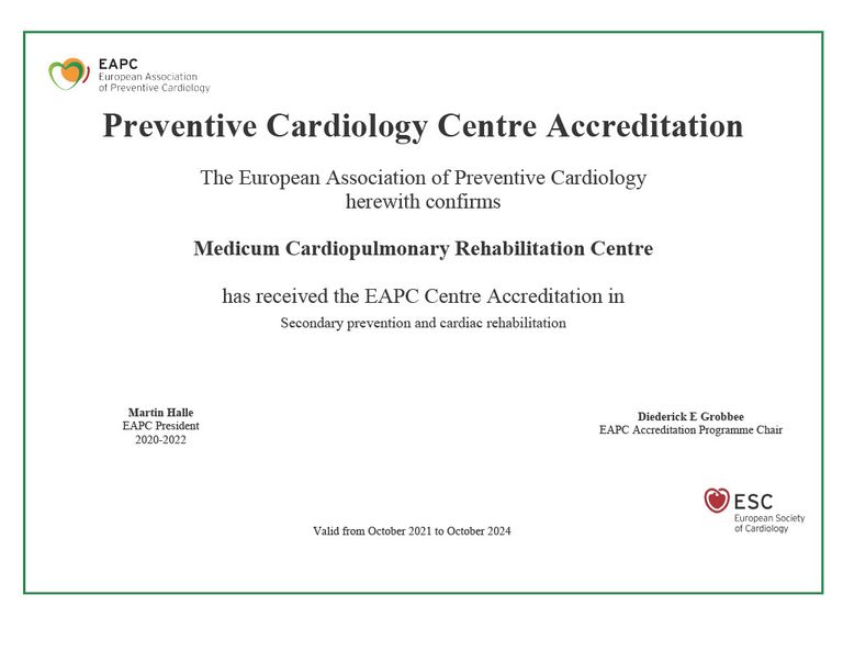 Akrediteeritud Medicumi Kardiopulmonaalse Taastusravi Keskuse sertifikaat