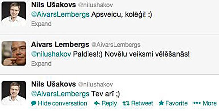 Rīgas mērs Nils Ušakovs sociālajā tīklā Twitter apsveic Aivaru Lembergu ar uzvaru tiesā 