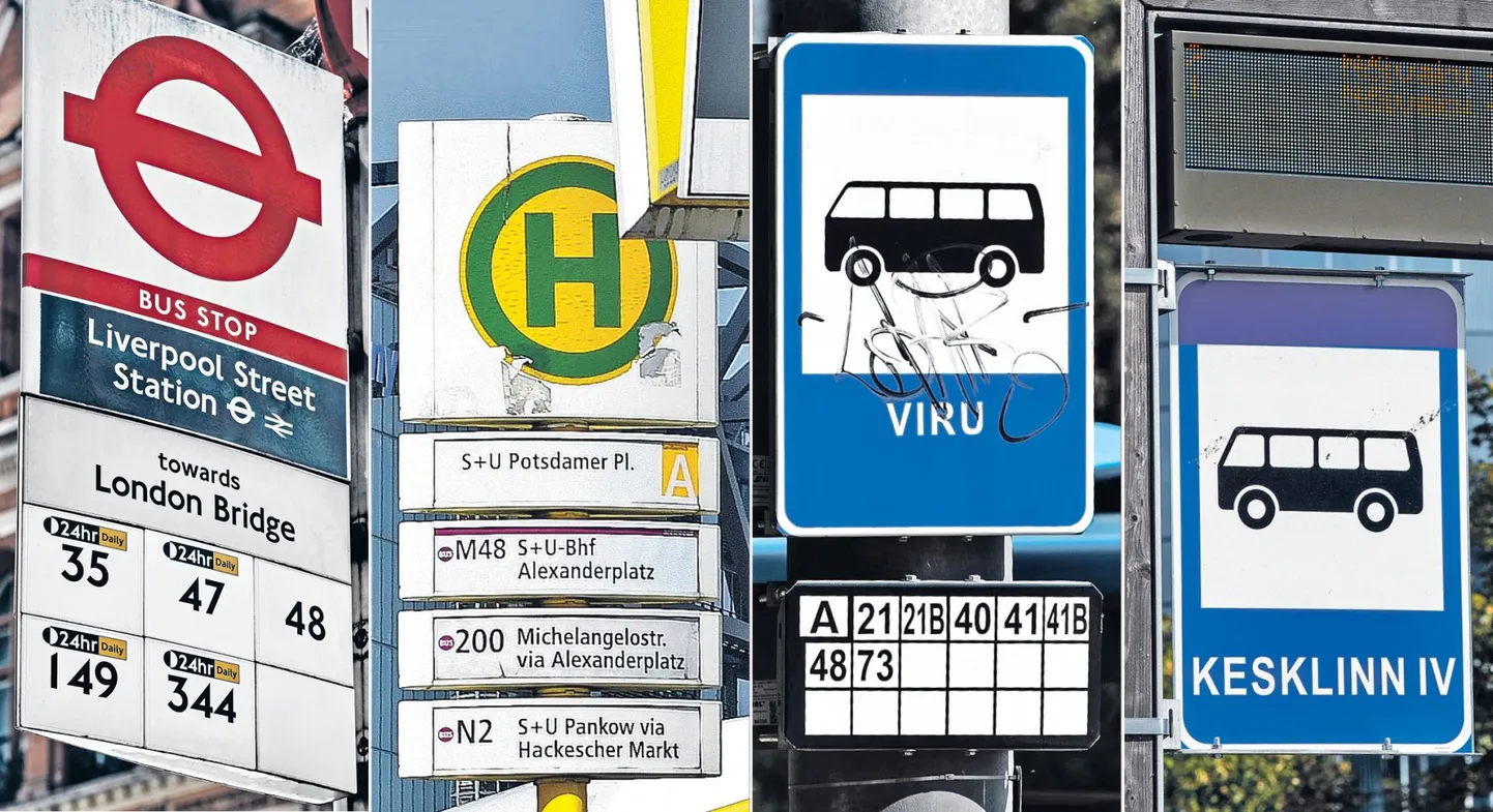 Bussipeatused Londonis, Berliinis, Tallinnas ja Tartus. Fotomontaaž.