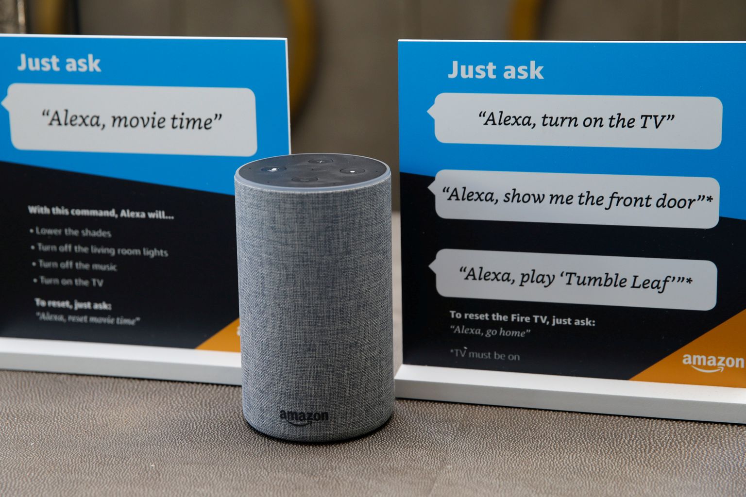 FILE PHOTO: Prompts on how to use Amazon's Alexa personal assistant are seen in an Amazon ‘experience centre’ in Vallejo, California, U.S., May 8, 2018. REUTERS/Elijah Nouvelage/File Photo