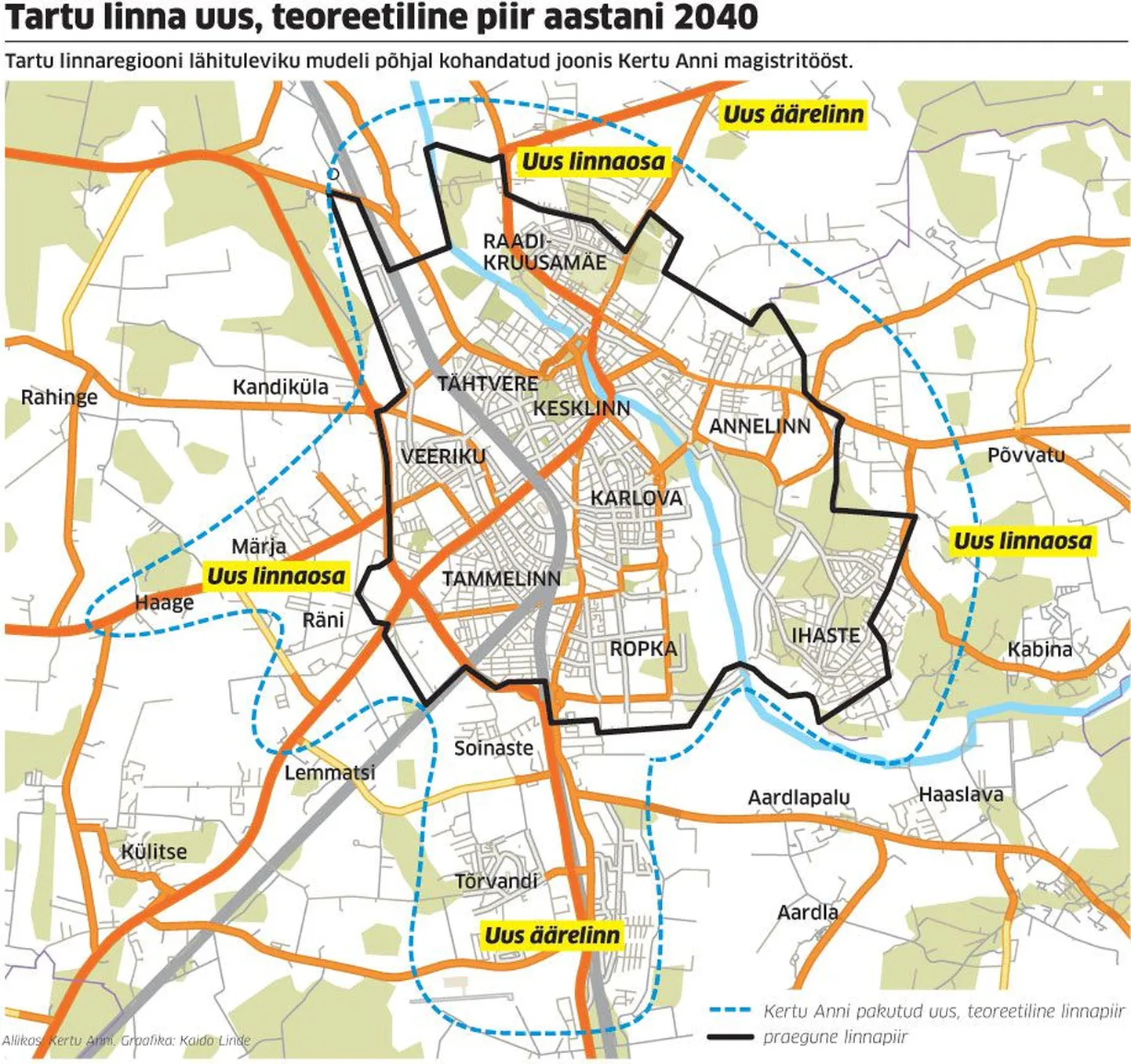 Tartu linna uus, teoreetiline piir aastani 2040.