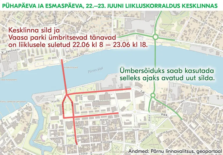 Liikluskorralduse muutus Pärnu kesklinnas 22. ja 23. juunil.
